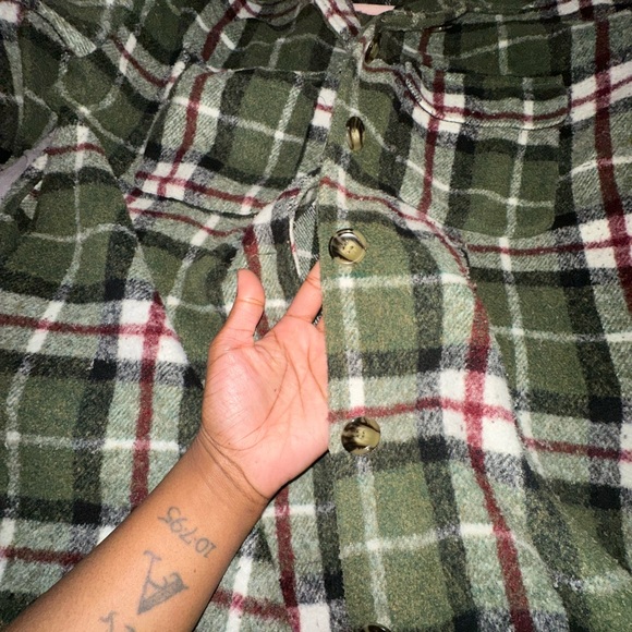 Plaid Green and Red Pea Coat - Picture 12 of 14